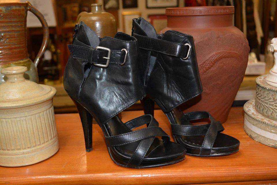 Sandalias de aguja BEBE RIO de cuero negro SEXY zapatos hebillas cremallera trasera tobillo envoltura 5 Foto 1 de 1