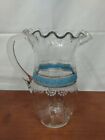 Victorian ENAMELED DAISY SWAGS Blue Blown Art Glass Crimped Top WATER PITCHER