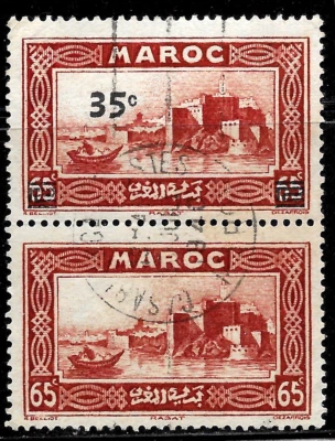 1940 French Morocco PAIR S#176a Error/Variety USED:CASABLANCA POSTES Jul.1940 - Image 1 of 3
