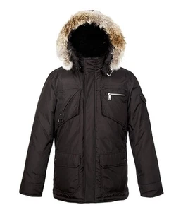 NWT PAJAR CANADA BLACK NYLON COYOTE FUR HOODIE JAMES GOOSE DOWN JACKET L - Imagen 1 de 12