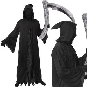 NEGRO ADULTOS GRIM REAPER HALLOWEEN HOMBRES DISFRACES HORROR CAPA DE MUERTE - Imagen 1 de 5
