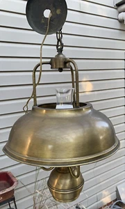 Vintage MCM Brass Light Fixture Kitchen Ceiling Pendant Hanging Lamp Hurricane - Picture 1 of 14