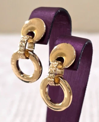 Polished Gold Stud Hoop Textured Link Dangle Drop Office Pierced Earrings - Изображение 1 из 4