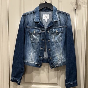 Jessica Simpson Denim Jacket Womens Large Stretch Cropped Distressed Button EUC - Picture 1 of 17