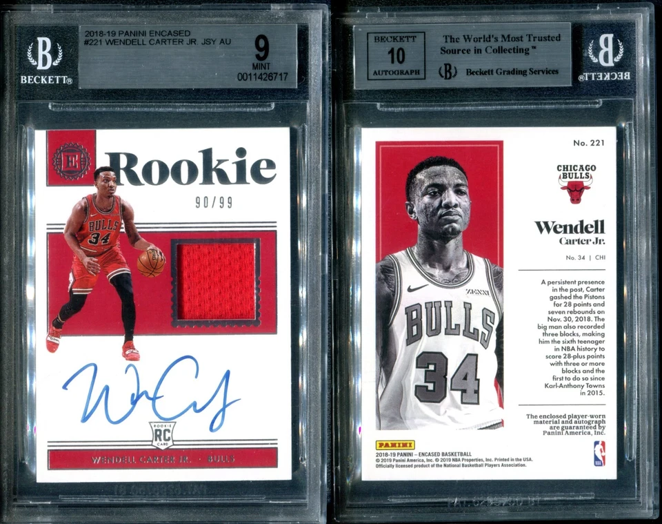 BGS 9 2018-19 Panini Encased Jersey Autograph Wendell Carter Jr. RC /99 G00 4696 - Image 1 of 1
