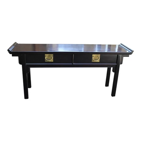 Century Chinoiserie Chinese Black Lacquered Ebonized Low Console Table Cover