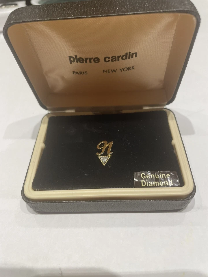 Pierre Cardin Initial Tie Tack Mini Pin with Diamond Letter M Vintage New in Box - Image 1 of 4