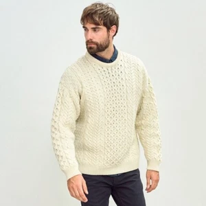 Aran Fisherman Irish Men Merino Wool Sweater Cable Knit Pullover Made in Ireland - Picture 1 of 14