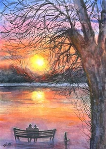 Original Painting 16’*12’ Bright sunset over the river family two With dog Walk - Picture 1 of 10