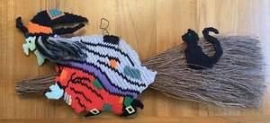 Vtg Halloween Witch Riding Twig Broom Handmade Black Cat Cross Stitch Wall Decor - Picture 1 of 12