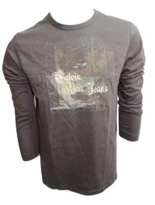 Calvin Klein Мужская футболка L рукав цвет коричневый Sz большой новый принт новый без ЯРЛЫКОВ  - Изображение 1 из 2