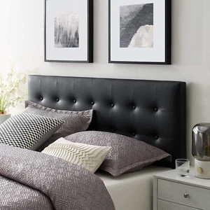 Emily Button Tufted Faux Leather Upholstered Full Headboard in Black - Picture 1 of 6