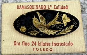 Spilla Damascena Vintage Ovale Nero Gold Bird Flower Damaschinato Qualità - Foto 1 di 6