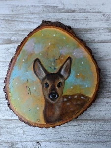 Dolce dipinto ad olio originale di cervo bambino cervo su bordo vivo pezzo di legno - Foto 1 di 8