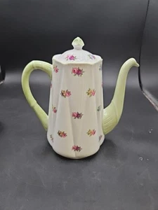 VTG. Shelley Teapot Fine Bone China with Rose Buds Green Handle/Spout England - Picture 1 of 9