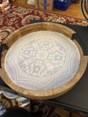 K50-Wood 懒人苏珊带摩洛哥蓝色和白色镶嵌 11.5 英寸直径 — 第 1/3 张图片