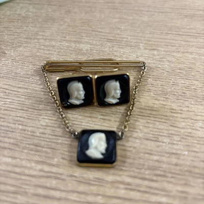 Juego de broches de cadena de corbata gemelos camafeo vintage SWANK para hombre tono dorado 14,7 gr + clip Foto 1 de 4