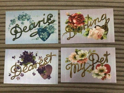 4 EARLY PRETTY FLORAL GREETINGS POSTCARDS WITH GLITTER MESSAGE - Image 1 of 2
