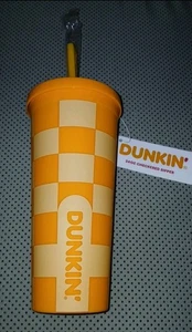 DUNKIN' DONUTS KARIERTER ORANGE KAFFEEBECHER BRANDNEU!  - Bild 1 von 6