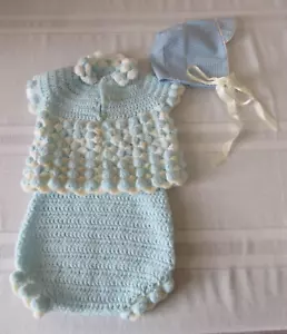 Handmade Crochet Newborn Infant Sweater and Bloomers with Gingham Cap - Picture 1 of 7