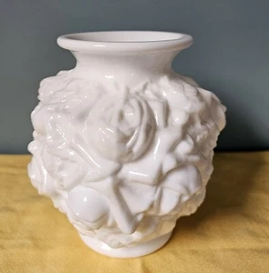 Embossed Rose Milk Glass 5.5" Vase Bulbous Goofus Glass - Picture 1 of 8