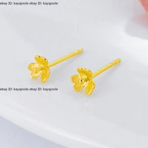 Pure 999 24K Yellow Gold Stud Women Lucky Flower Stud Earrings - Picture 1 of 4