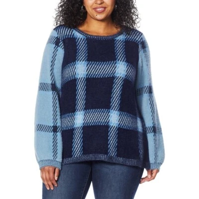 Diane Gilman DG2 组合格子灯笼套提花毛衣全新带标签,尺寸 3X PLUS — 第 1/3 张图片