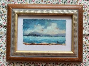 Oryginalna akwarela obraz akwarelowy ramka na zdjęcia drewno vintage antyczny krajobraz morze