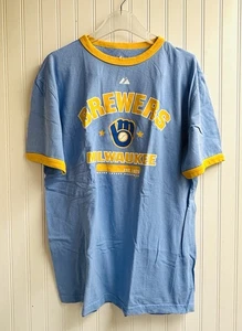 Milwaukee Brewers Baseball MLB Vintage 90s Majestic Logo Ringer Blue T-Shirt L - Picture 1 of 6
