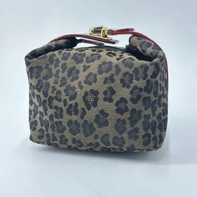 FENDI Bag Leopard Vanity Pouch Purse Hand Bag Canvas Leather Brown Red Auth - Image 1 of 4