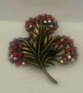 Vintage Karu, Red Rhinestone, Flower Brooch, Gold Tone, Mid Century - Picture 1 of 12
