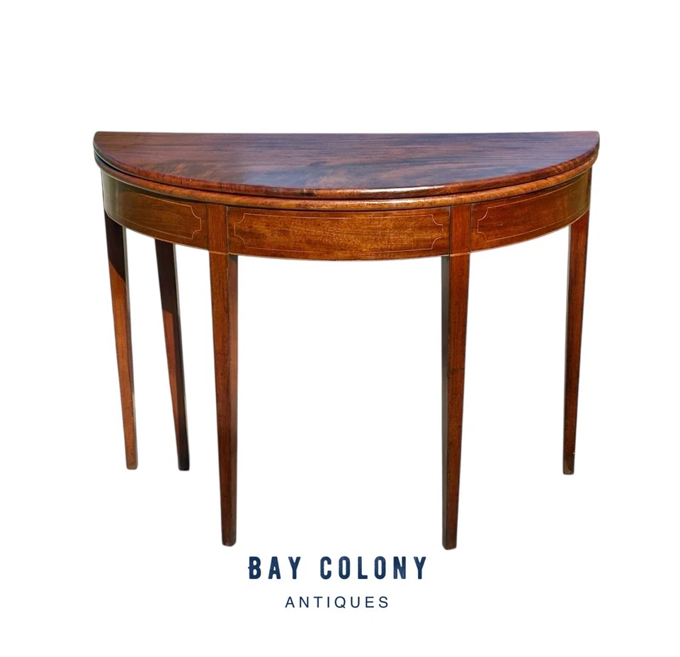 Antique George III Era Mahogany & Satinwood Inlaid Demi-Lune Console Game Table - Image 1 of 4