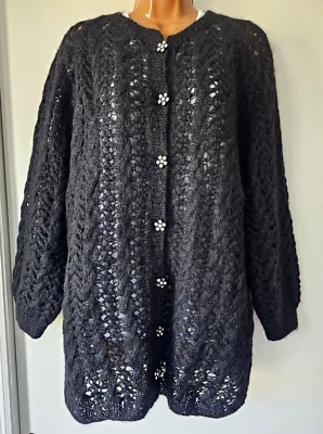 Suéter cárdigan peludo mohair negro vintage hecho a mano. Talla L Foto 1 de 4