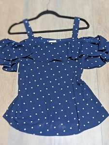J Crew Top Womens 2 Blue Polka Dot Print Short Cold Shoulder Sleeve Chiffon - Picture 1 of 8
