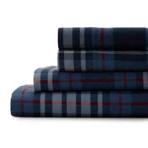 Cuddl Duds Full Sheet Set Heavyweight Flannel Navy Red Plaid Lodge Farmhouse NEW - Picture 1 of 5