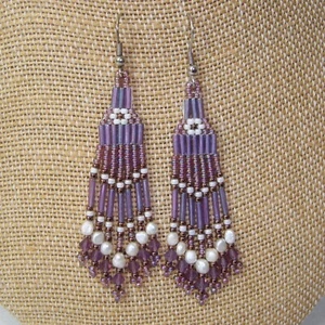 NEW Artisan Designed Handmade Purple Beaded Earrings Austrian Crystals Pearls - Picture 1 of 2