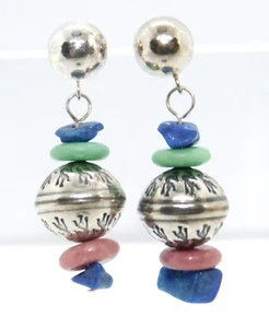 Relios Carolyn Pollack 925 Sterling Silver Stamped Bead Gemstone Dangle Earrings - Picture 1 of 7