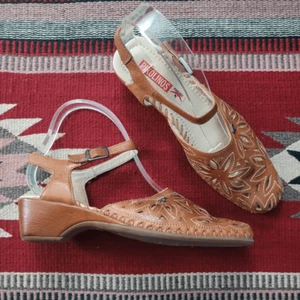 Pikolinos Floral Lazer Cut Mary Jane Sandals Sz 39 US 8.5-9 Brown Leather Casual - Picture 1 of 7