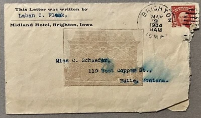 1904 MIDLAND HOTEL BRIGHTON IOWA ARCHITECTURE COVER SENT TO BUTTE, MONTANA - Image 1 of 4