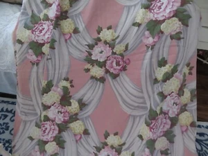 Stunning ART Deco ROSES w Swags on Bubblegum Pink Drapes x2 Barkcloth era Drapes - Picture 1 of 12