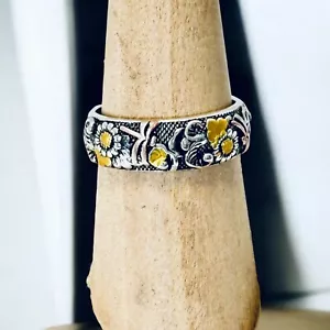 Dragonfly and Sunflowers Ring 925 Silver 750 Gold Textured Band Hippie Boho Sz 8 - Picture 1 of 10