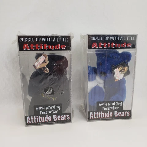 WWF WWE Official Attitude Bear Lot  2 Sealed The Rock J.O.B. Squad Package Wear Cover