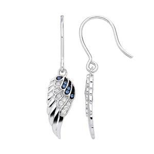 Sterling Silver 925 simulated Blue Sapphire & Cz Angel Wing Drop Dangle Earrings - Picture 1 of 6