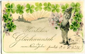 Cartolina conio Capodanno auguri, nano, ghirlanda trifoglio timbro CHEMNITZ 1908 - Foto 1 di 1