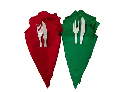 Set of 32: 16 Green-16 Red Cloth Dinner / Lunch Napkins  16"x16" Inches square - Image 1 of 4