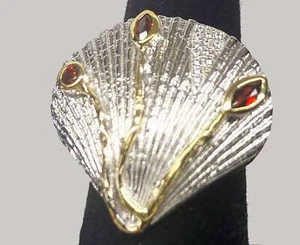 Designer Sterling Silver Clam Shell Ring with Garnet and Zirconium Stones. - Picture 1 of 7