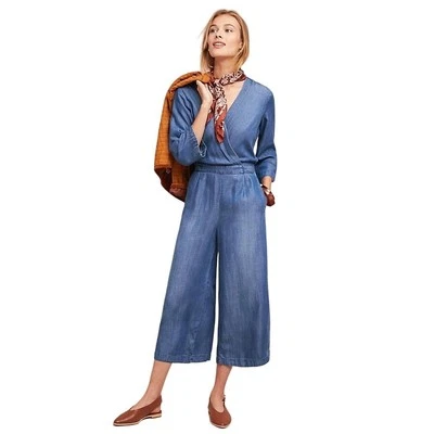 Cloth & Stone Anthropologie Blue Chambray Cropped Wide Leg Jumpsuit Size XS - Image 1 of 4