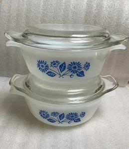 Vintage Fire King 12 oz Round Casserole Dishes with Lids Blue Cornflower 472 - Picture 1 of 8