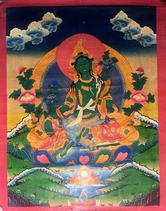Vintage Rare hand painted Tibetan Buddha Green Tara Thangka Oil painting Om - Picture 1 of 5