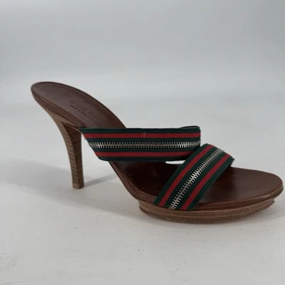 Gucci heels 6.5 brown zipper shoes sandals slip on designer summer spring party - Image 1 of 4